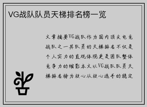 VG战队队员天梯排名榜一览